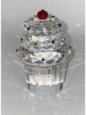 Oleg Cassini Signed Crystal Cupcake Paperweight Red Gem Top & Multicolor Accents